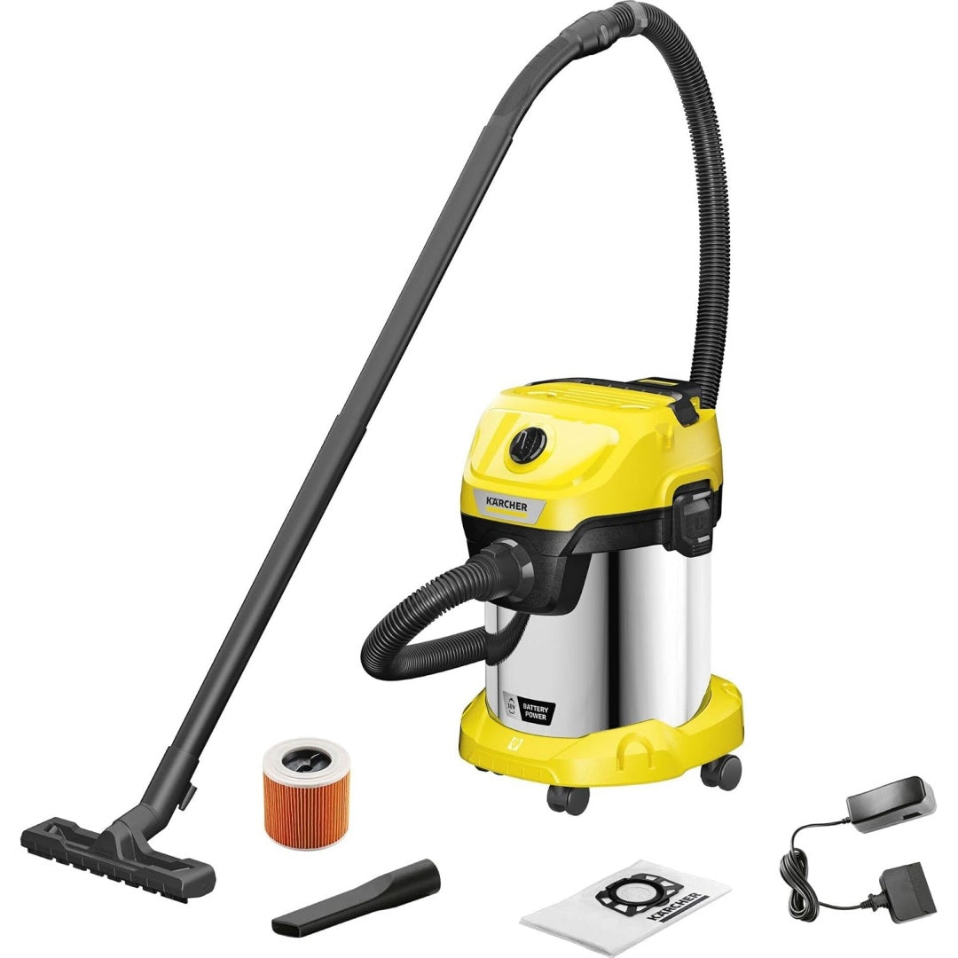 Aspirateur eau et poussiere, coloris gris et noir, avec une prise en main par poignee