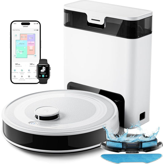 Aspirateur robotise avec collecteur, coloris blanc et noir, avec une aspiration annoncee de 10000 Pa