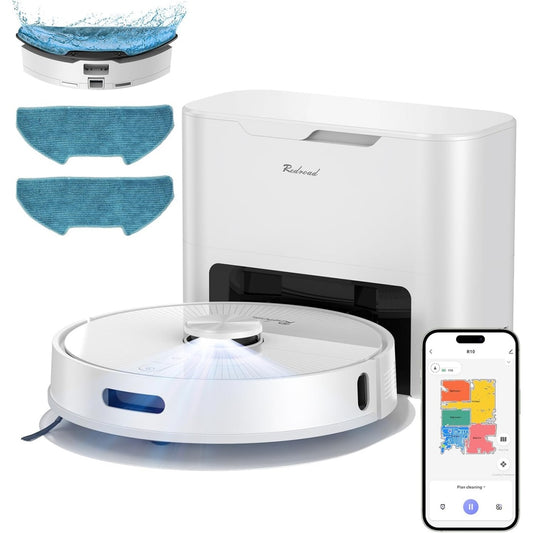 Robot et base de vidage associant le nettoyage automatise des sols au coloris blanc et gris