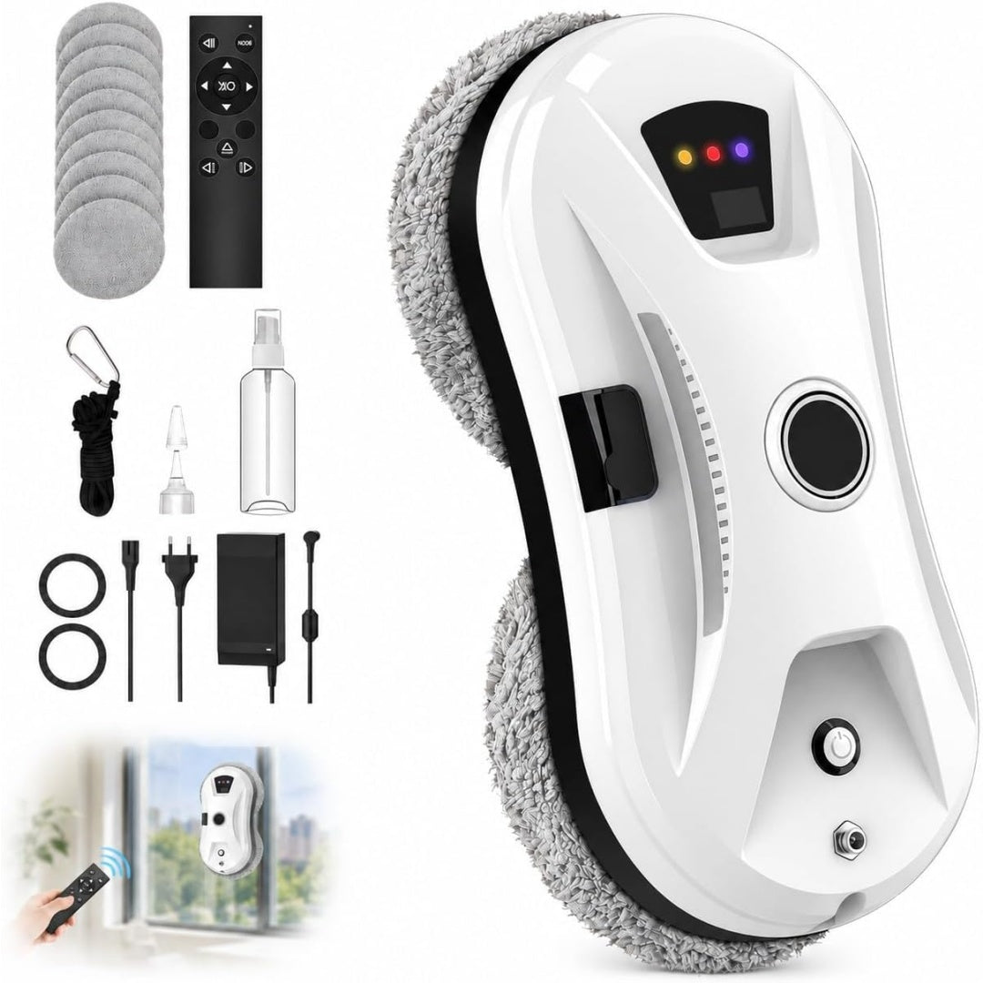 Robot pour surfaces vitrees, coloris blanc et gris, avec le nettoyage des bords