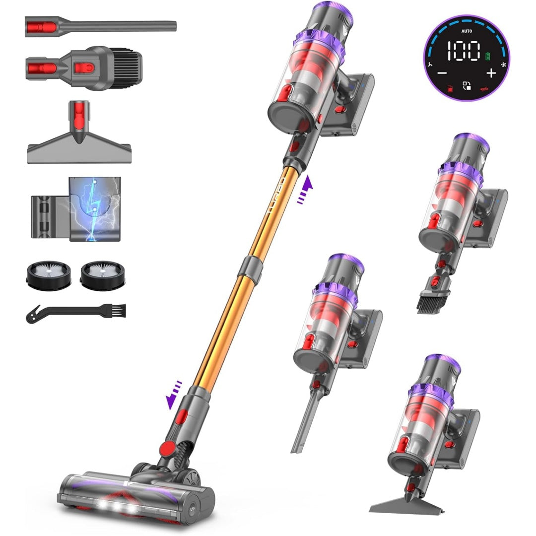 Aspirateur vertical avec une puissance annoncee de 580 W et l'entretien des tapis