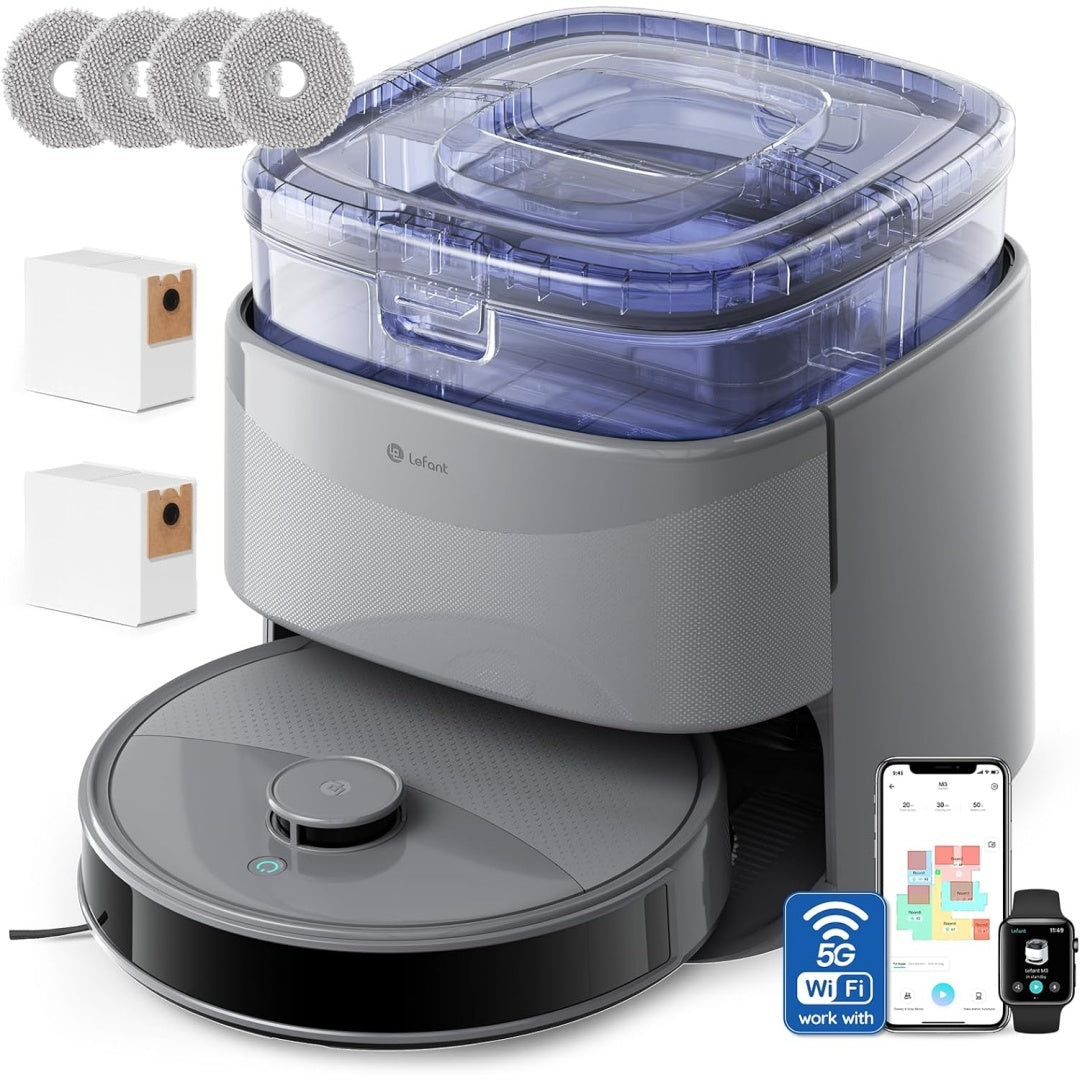Ensemble robot et base de lavage alliant la collecte de la poussiere et une capacite annoncee de 5200 mAh